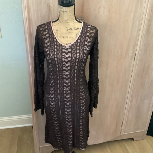 Cernei Y2K sheer long sleeve lace midi dress over lacy nude brown whimsigoth - Picture 11 of 13